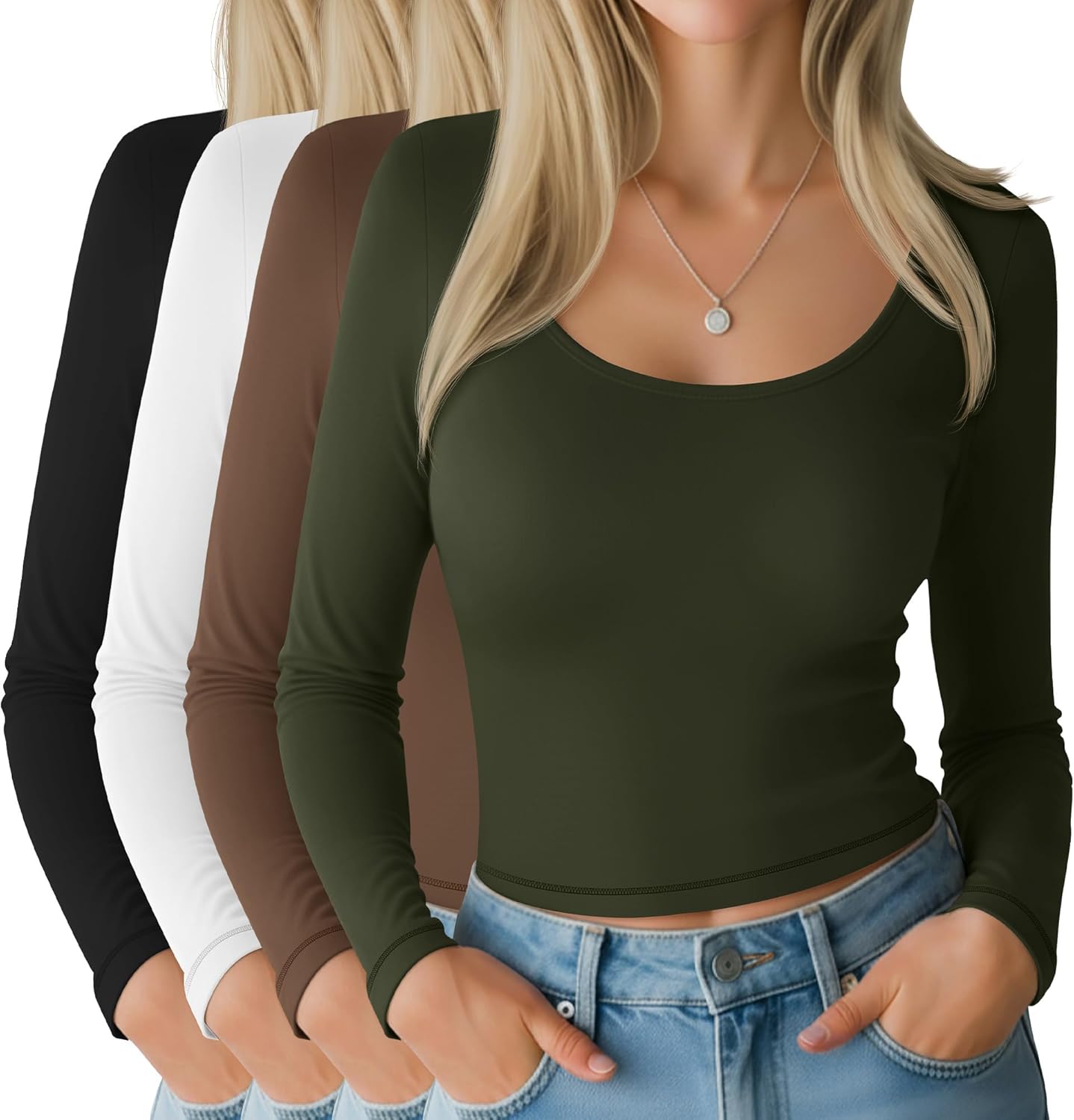 4 Pack Women's Long Sleeve Crop Tops, Tight Going Out Tees Scoop Neck Solid Slim Shirts Fall Basic Y2k Tees