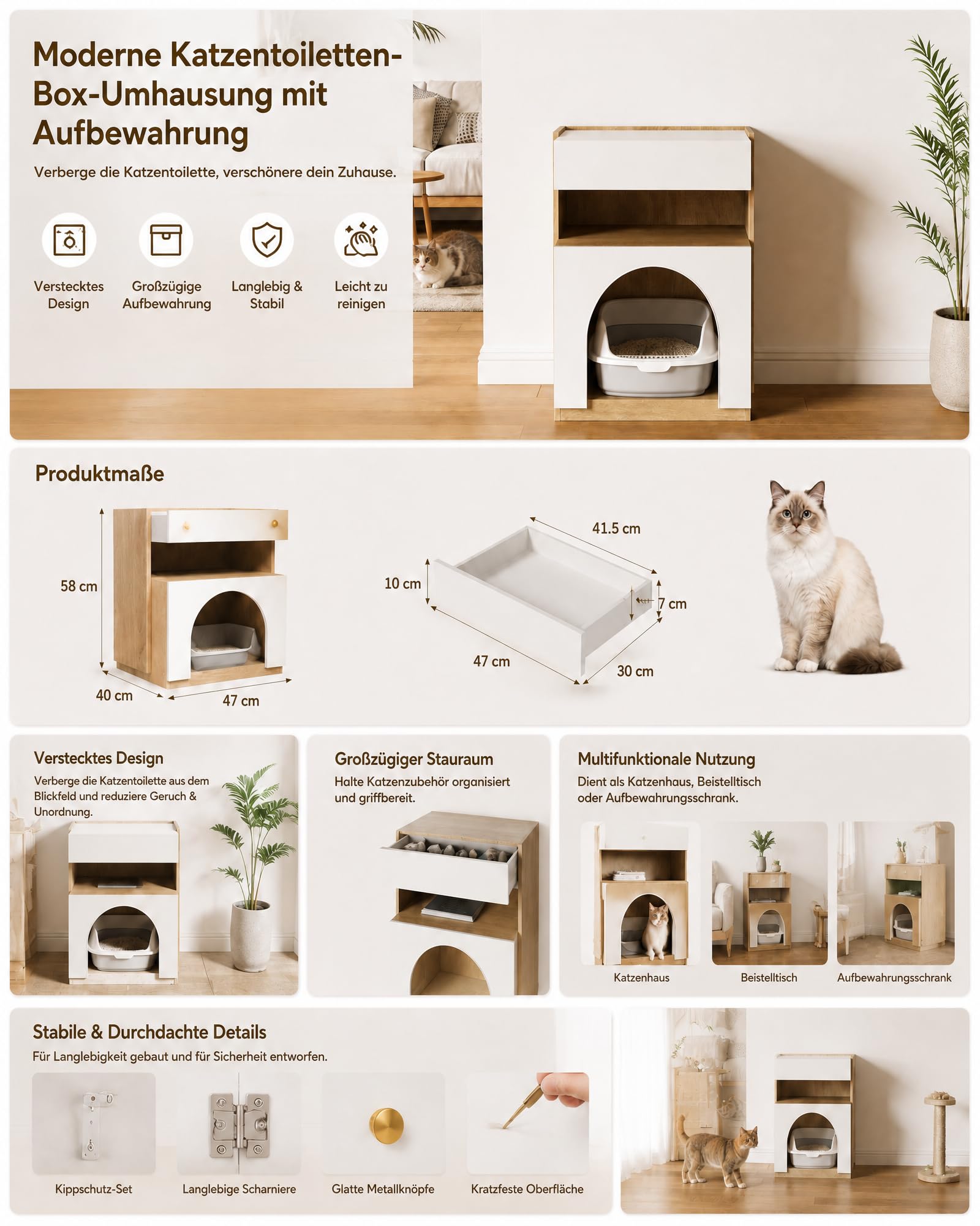 Katzenkäfig Katzenkloschrank mit Katzenhöhle Katzenschrank für Katzentoilette Katzenklo mit 2 Löchern 4 Türen Katzenhaus für Katze Weiß 50x40x58cm