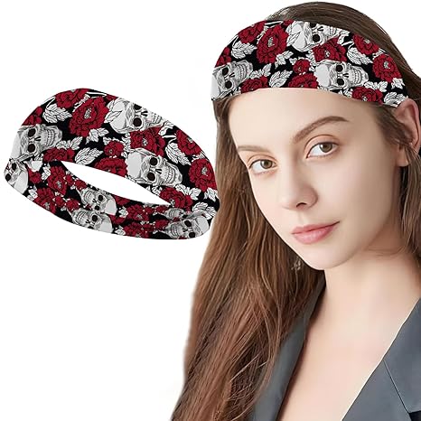 Halloween Headbands for Women, Skull Hairbands Red Peony Flowers Design Turban Halloween Printed Stylish Sport Sweat Hair Wrap Stretch Knotted Head Wraps Fashion Party Hair Accessories