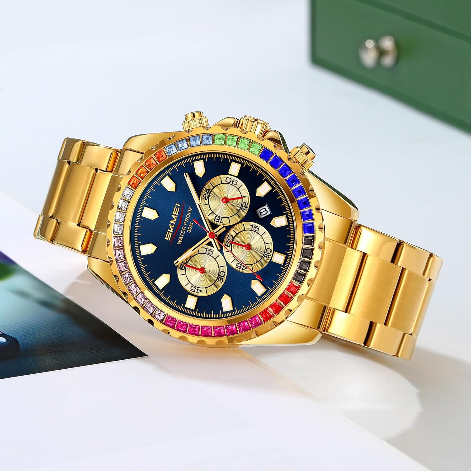 Mens Luxury Wrist Watches Luminous Chronograph Analog Quartz Stainless Steel Fashion Waterproof Watch