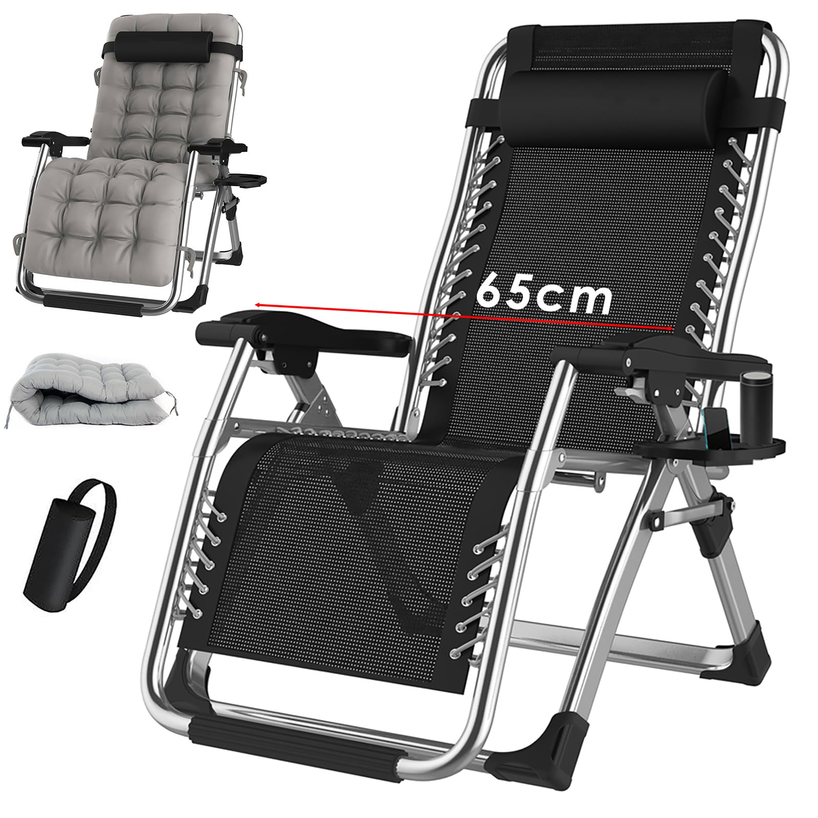 TYGYSDO Sedia a sdraio da giardino pieghevole - Sedia da campeggio - Poltrona da giardino - Schienale alto regolabile - Sedia relax - 200 kg - Argentato - 65 cm