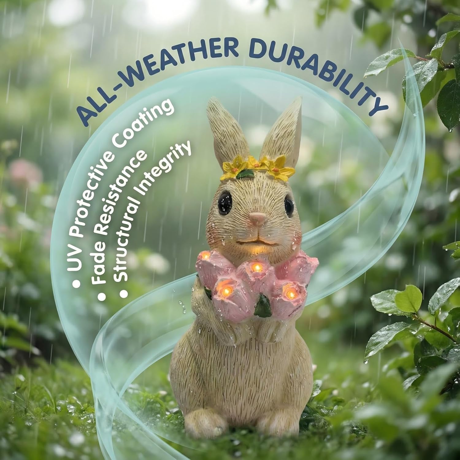 Solar Garden Statues Outdoor Decor,Rabbit Statue with Flowers and 5 LED Lights,Yard Decorations for Patio, Balcony, Backyard, Lawn Ornaments,Unique Birthday House Warming Gifts for Women, Mom, Grandma