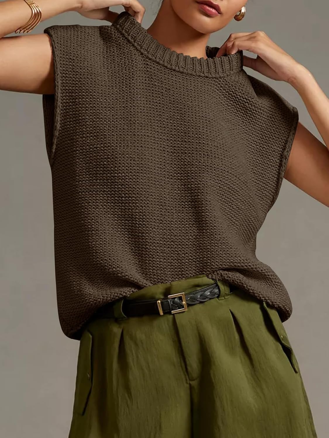 Saodimallsu Womens Sleeveless Crewneck Sweaters Ribbed Knit Tank Tops 2025 Trendy Sweater Vest - Image 2