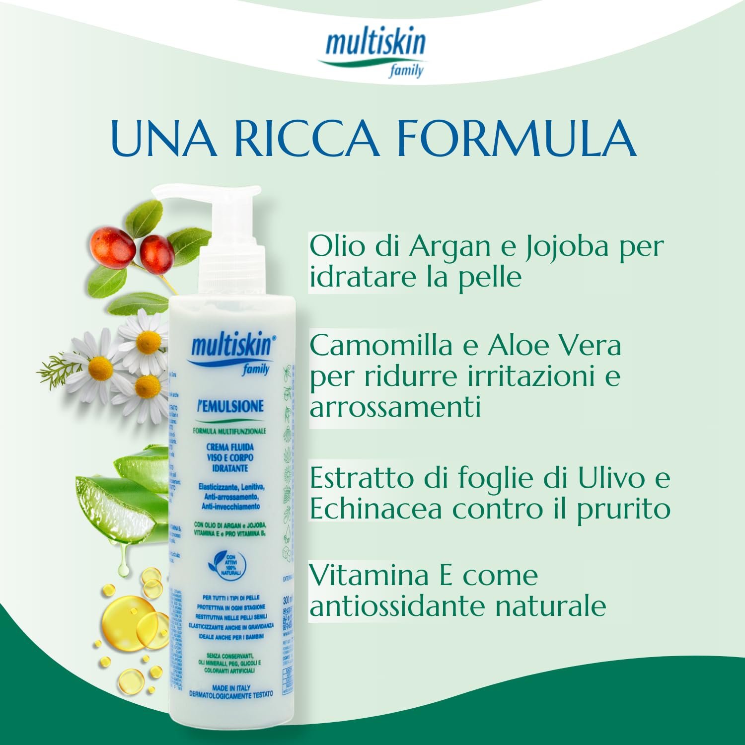 Emulsione Multifunzionale Viso e Corpo Crema Fluida Idratante Protettiva Lenitiva Olio di Argan e Jojoba 300 ml