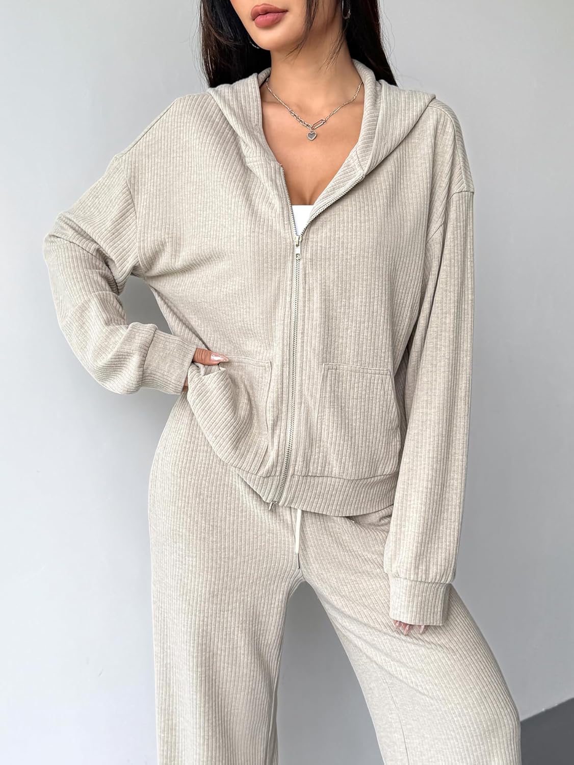 Women's 2 Piece Ribbed Knit Loungewear Set Hooded Zipper Cardigan Pants Casual Lounge Outfit