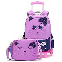 2Pcs Girls Rolling Backpack, Cute Cat Face Kids School Bag Bookbag Roller Backpack for Girls with 2 Wheels, 2Pcs-Pink