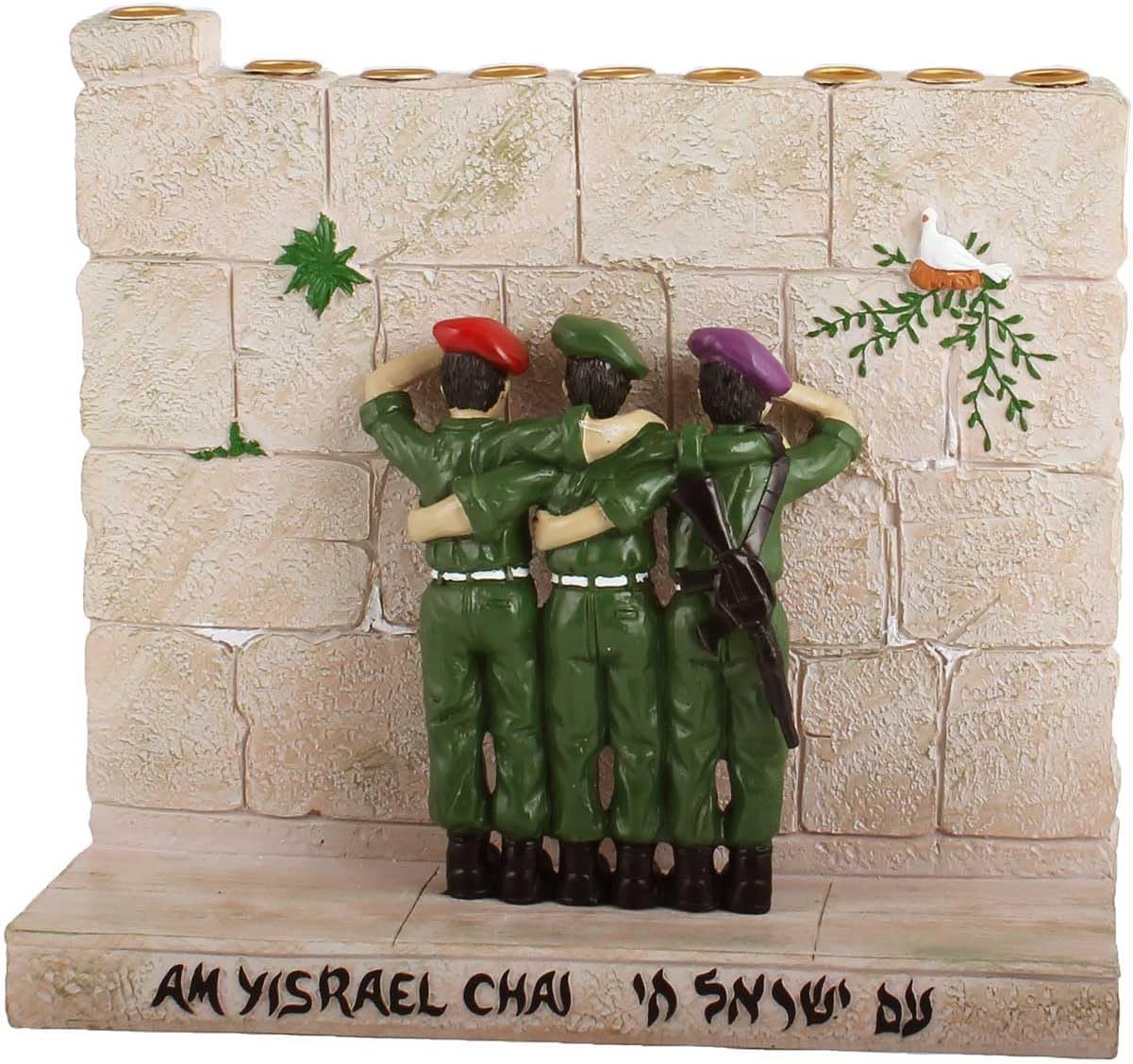 Zion Judaica Am Yisrael Chai Kotel Menorah Hand-Painted Polyresin Symbolic Menorah for Hanukkah fits Standard Hanukah Candles Western Wall Chanukiah for Chanukah Kosel Minorah Judaica Display Art