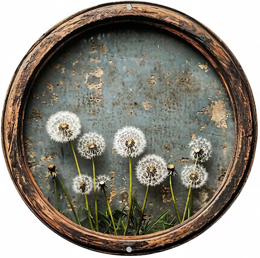 Retro Round Dandelion Tin Sign, 20x20cm Circular Metal Wall Art Plaque, Vintage Decorative Iron Poster for Home Kitchen Bar Cafe Pub Club, Rustic Wall Decor (dandelion2)
