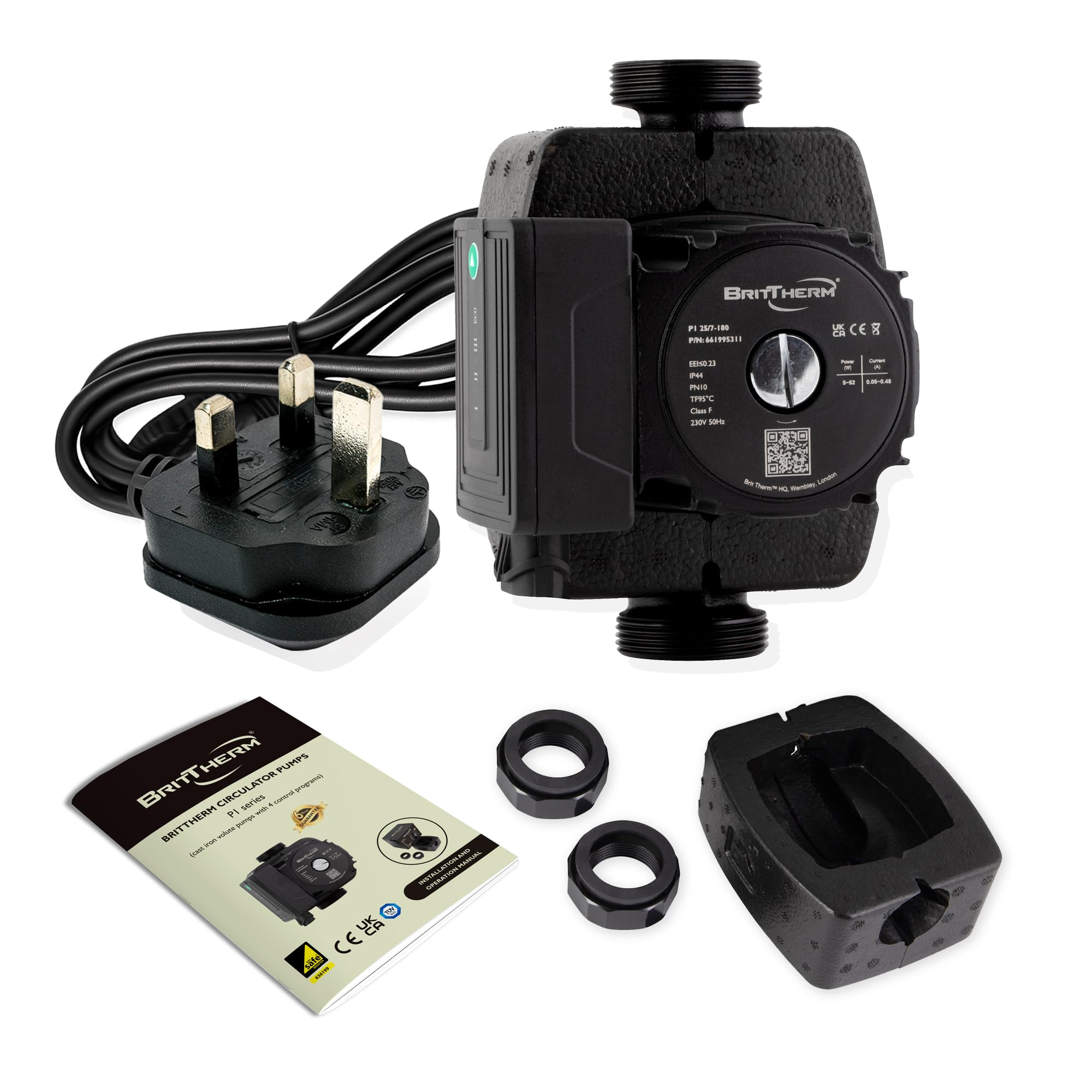 BritTherm P1 25/7-180 A-Rated Central Heating Circulating Pump | 7m Head, 4.0 m3/h Max Flow, EEI <0.20 | Auto/Night Modes, 180mm Port-to-Port, 1 1/2" Connections