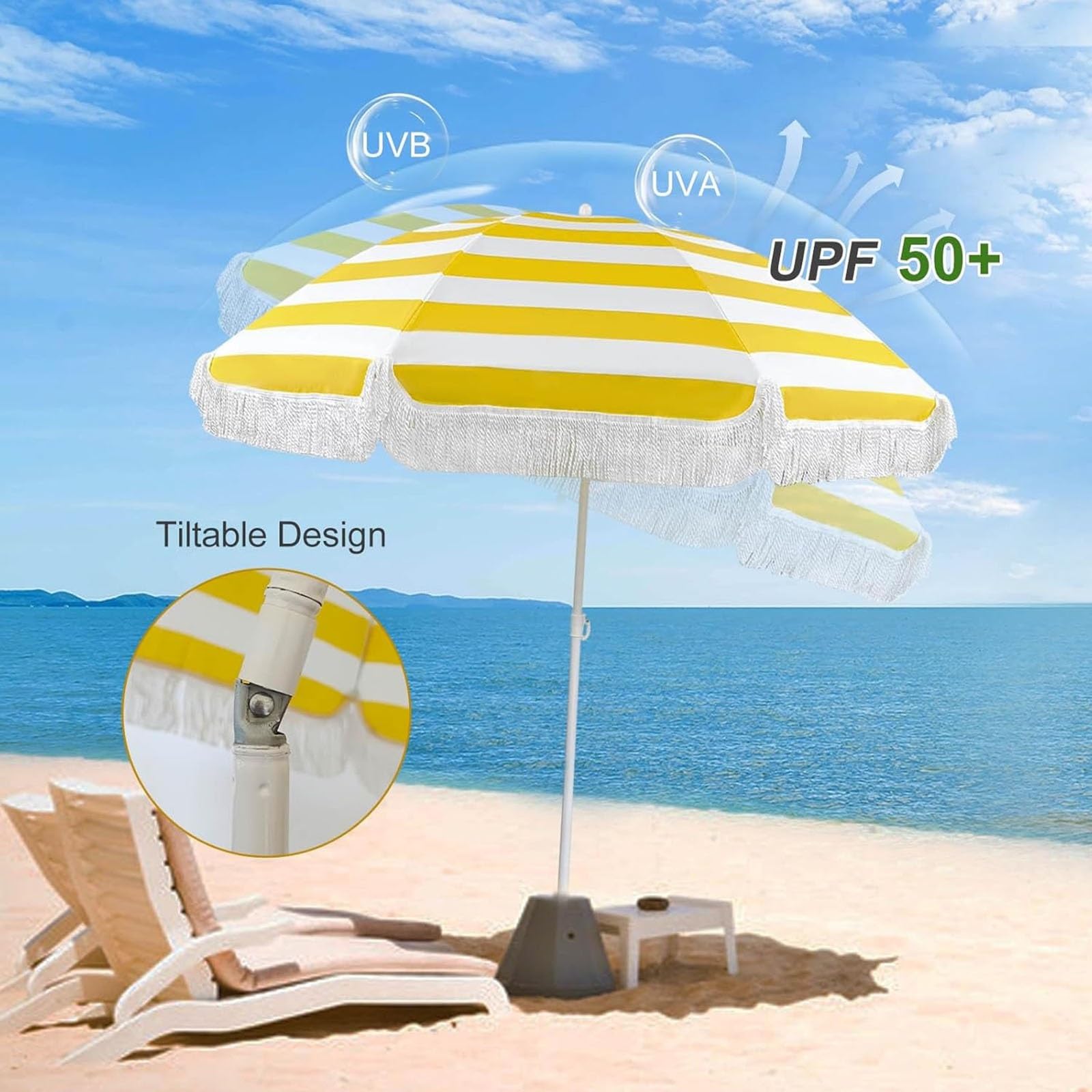 180 cm - Ombrellone da Campeggio Patio Esterno - Strisce Bianche e Gialle, Ombrellone da Spiaggia Vacanze inclinabile, UV 50+, Impermeabile, Antivento, per Giardino Piscina Cortile