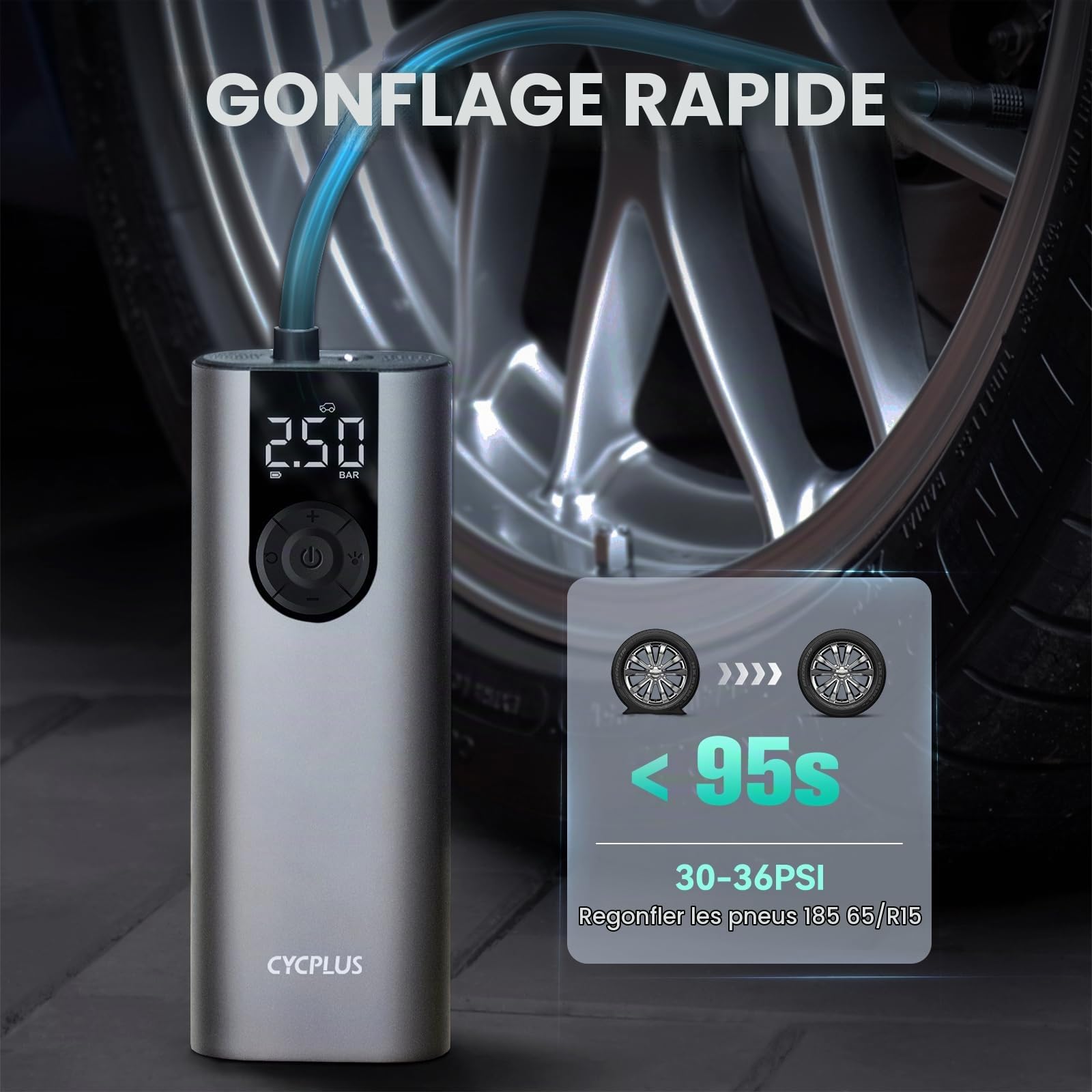 CYCPLUS Compresseur d'air Portable Tire Inflator, Pompe à air sans Fil 150 PSI avec écran LCD numérique pour la Pression, Compresseur d'air électrique pour Voiture, Moto, vélo et balles