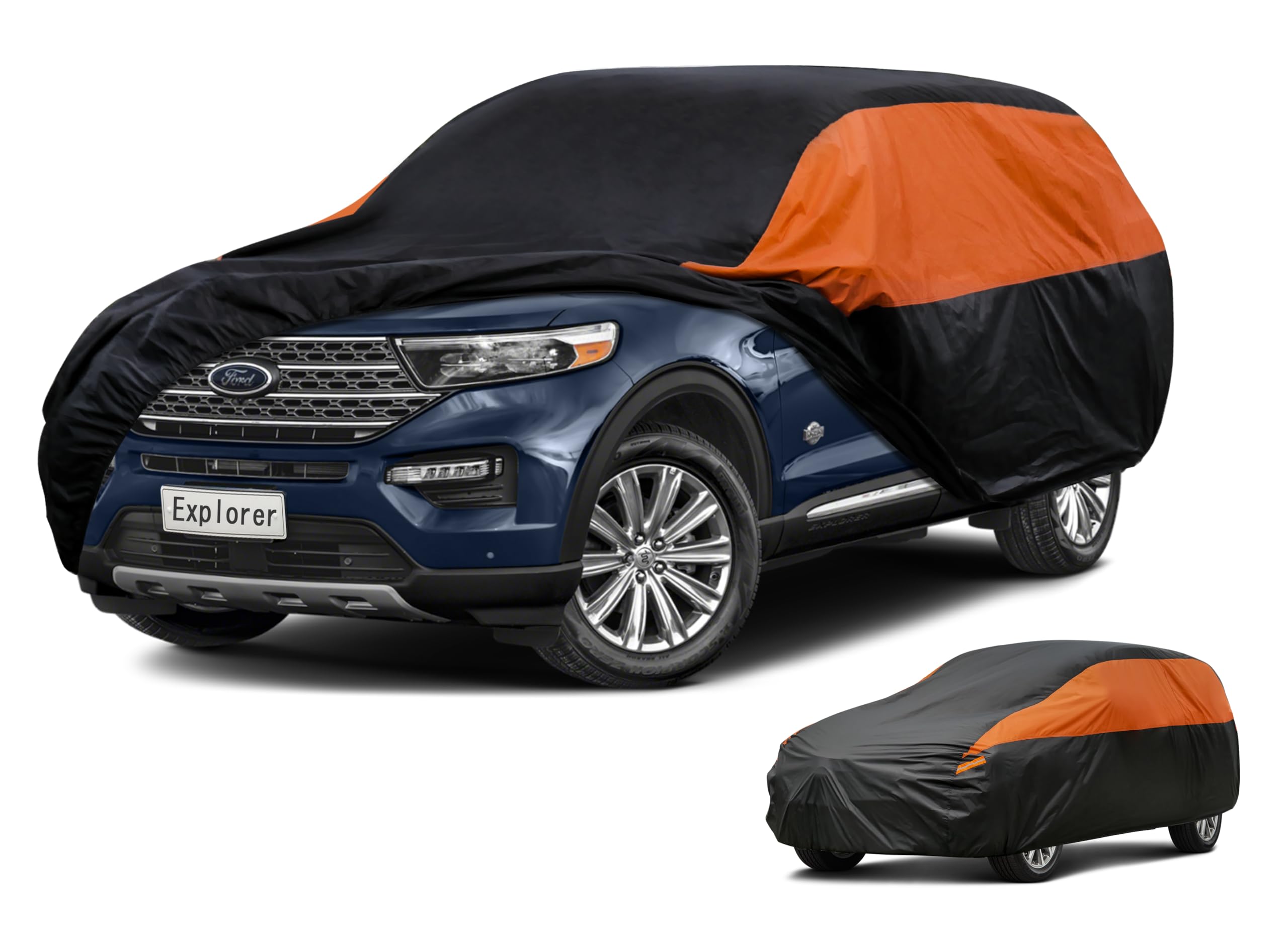 GUNHYI Waterproof Lightweight SUV Full Car Cover Custom Fit Ford Explorer | All‑weather Outdoor sun/rain/dust/snow/wind/UV protection, breathable tear‑resistant fabric, black‑orange design,storage bag