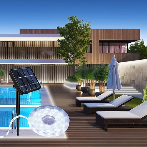 Gaoxun Tira de luces LED solares para exteriores de 16.4 pies, 150 luces LED de cinta flexible, 8 modos, cortables, autoadhesivas, luces LED