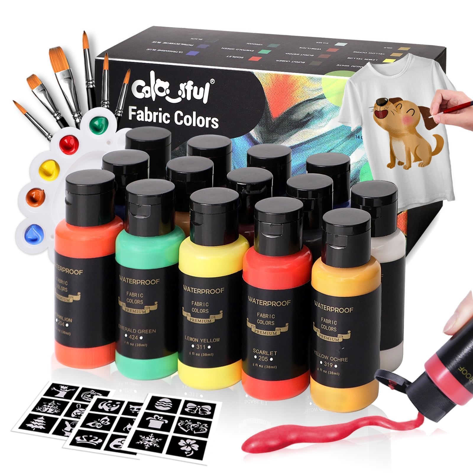 Colorful Fabric Paint Set with 6 Brushes, 1 Palette, 14 Colours, 30ml Waterproof Permanent Textile Painting Kit for Adults for Artwork on Clothes, Shoes and Canvases-image-39