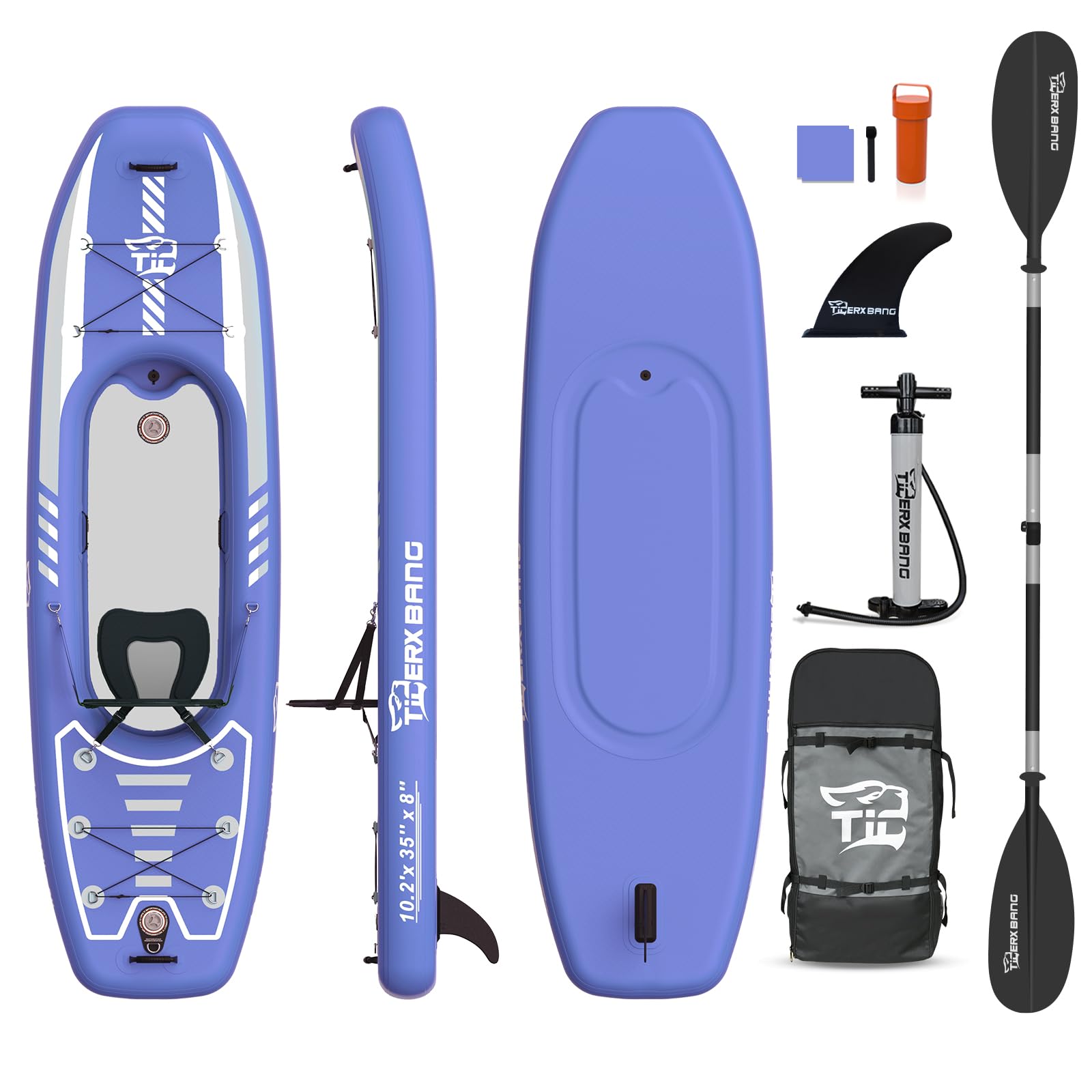 TIGERXBANG Kayak hinchable de 310 x 89 x 20 cm con asiento para adultos y niños, juego de kayak SUP con bomba, remo de aluminio y mochila, kayak tubular estable para pesca, excursiones y ocio, color