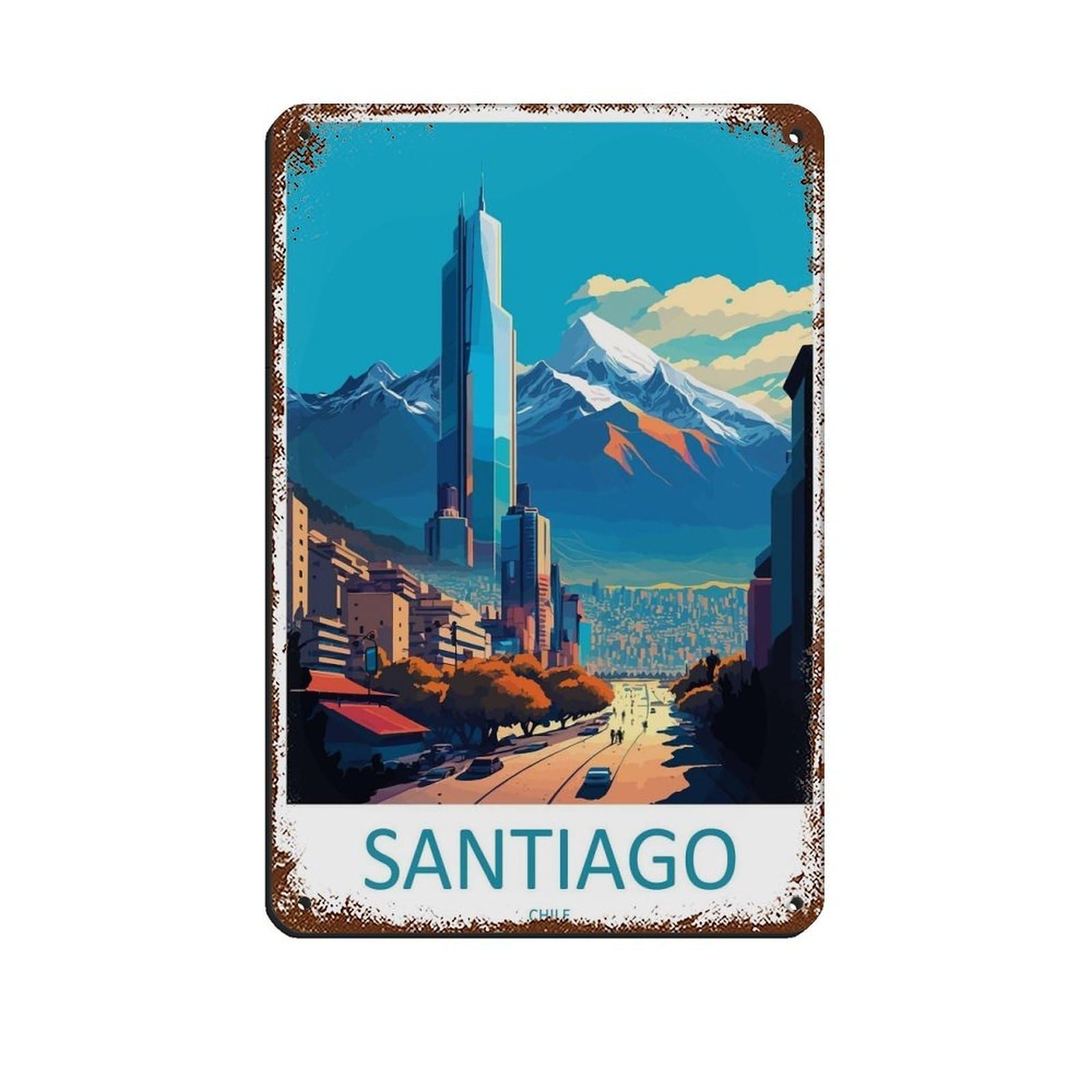 Santiago Travel Art Chile Retro Poster Metal Tin Sign Chic Art Retro Iron Painting Bar People Cave Cafe Family Garage Poster Wall Decoration 8x12inch(20x30cm)