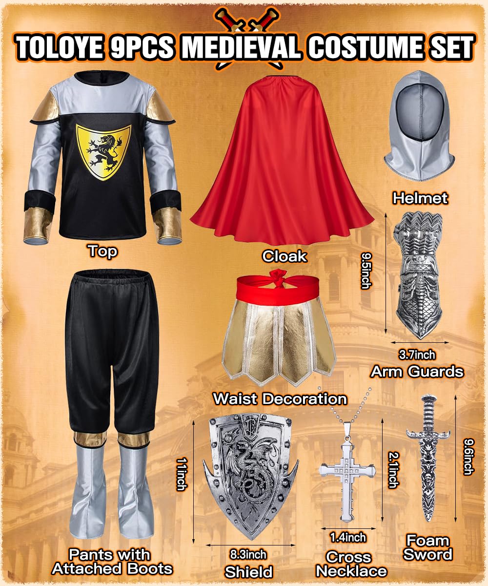 TOLOYE Disfraz Caballero Medieval Niño, Disfraz Romano Niño con Casco Espada Escudo Capa, Regalo para Niño, Disfraz Medieval Traje Medieval para Carnevale Cosplay Halloween Navidad Cumpleaños
