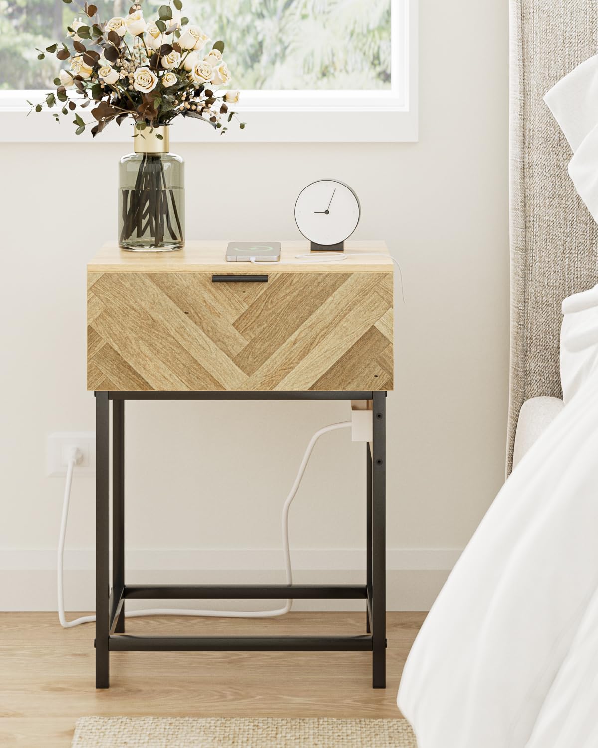 Masupu Nightstand with Charging Station,Bedside Tables with Storage Drawer,Tall Nightstand with Herringbone Pattern,Bedside Furniture,Small Side Table for Small Spaces, Bedroom, Living Room,Oak?á