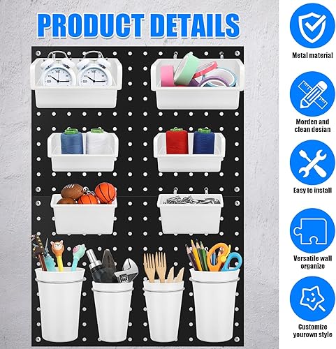 Miniatura 4 de 4 piezas de tablero de clavijas organizador de pared de metal blanco de 14 x 10 pulgadas, montaje en pared de garaje, tablero de clavijas de montaje