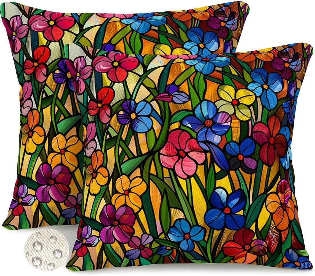 Wangllpgy Colorful Flowers Outdoor Cushions 35Cm X 35Cm Set Of 2 Waterproof Cushion Covers Art Garden Cushions Summer Decorative Pillows Throw Pillow Covers Double-Sided For Outdoor Patio Garden Sofa -Gy458