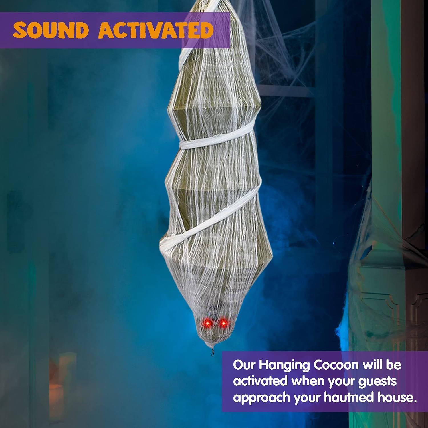 JOYIN 68" Halloween Animated Hanging Cocoon Corpse with Light-up Eyes and Spooky Sound for Halloween Outdoor, Lawn, Yard, Patio, Haunted House Decoration