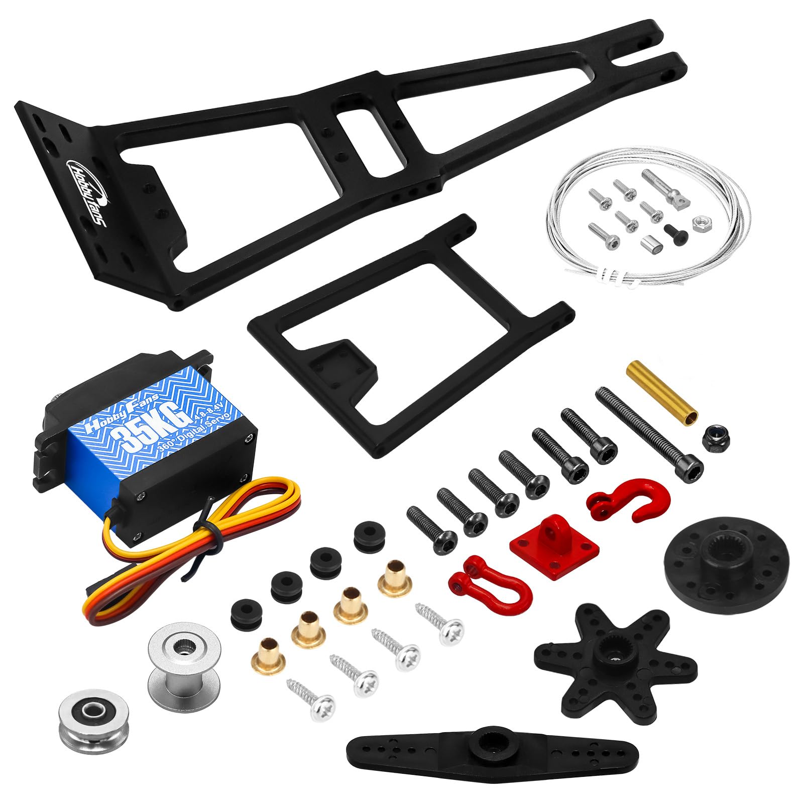 Alluminum RC Seilwinde Double Stent Rescue Set Truck Abschleppkran Arm Wrecker Kit mit 360° 35KG Servo für 1/10 SCX10 TRX4 RC Crawler und Anhänger RC Upgrade Teile (Schwarz)