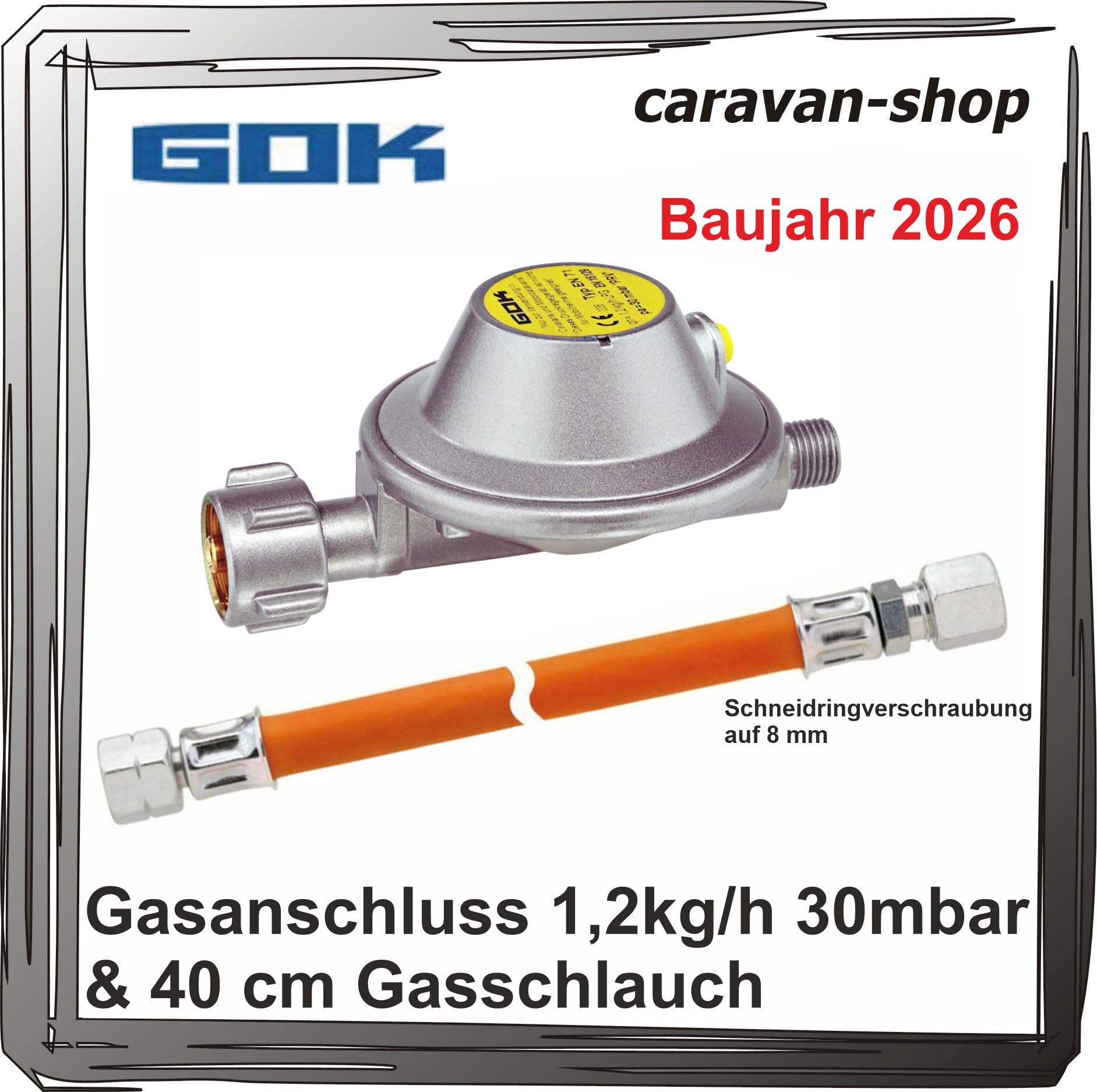 Druckminderer für Caravan Wohnmobil 30 mbar 1,2 kg/h + Schlauch 40 cm Wohnwagen Gasregler Anschluss auf 8 mm Gasrohr RVS 8