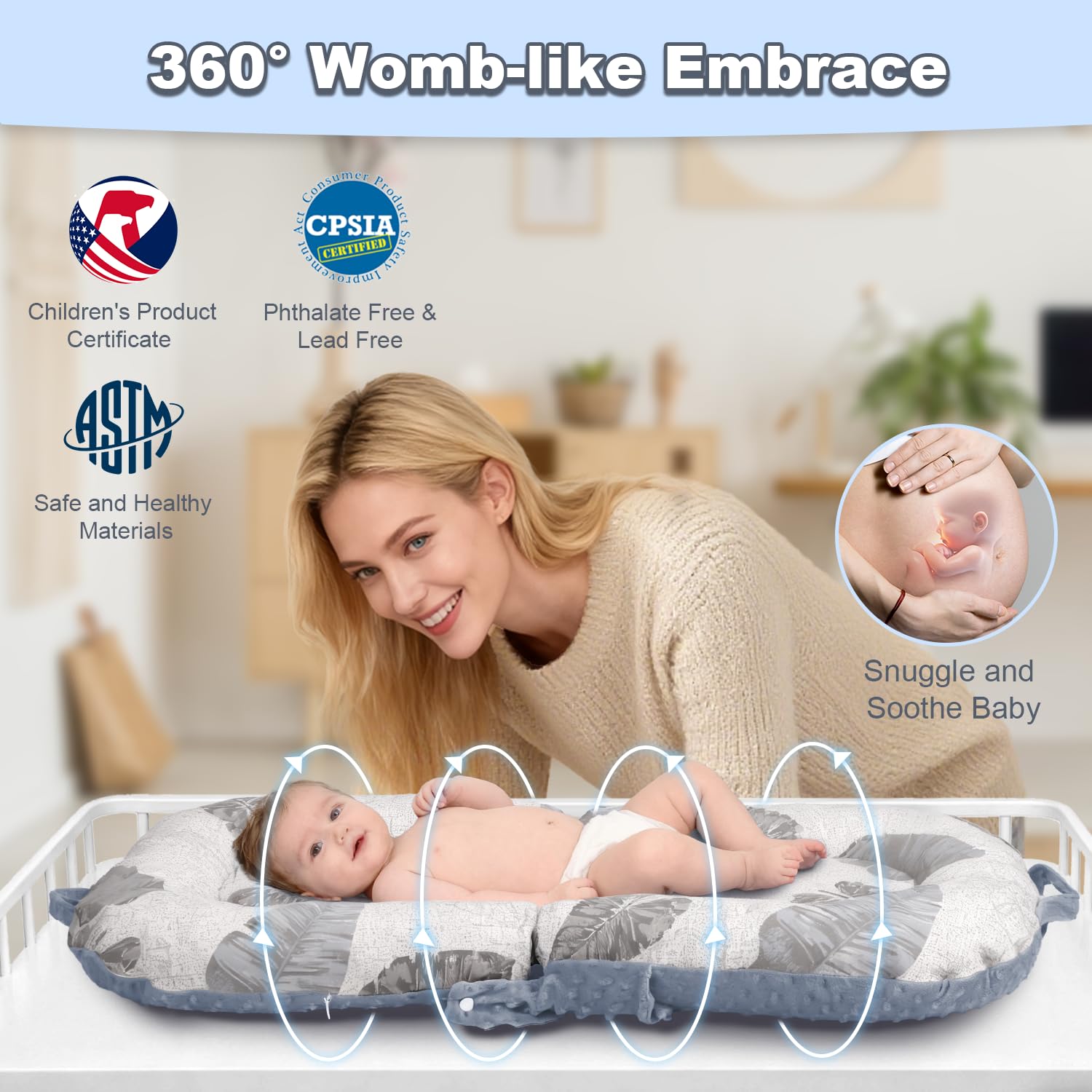Babynest Nestchen für Neugeborene, Tragbarer 3-in-1 Baby Lounger 0-24 Monate, Klappbares Bauchzeitkissen & Babysitzstütze, Abnehmbarer Bezug aus 100% Baumwolle & Samt, Ideal als Babygeschenk