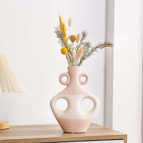 Miniatura 3 de Juego de 2 jarrones de cerámica con asas para decoración del hogar, moderno jarrón bohemio con forma de dona, florero hueco rosa para boda, comedor,