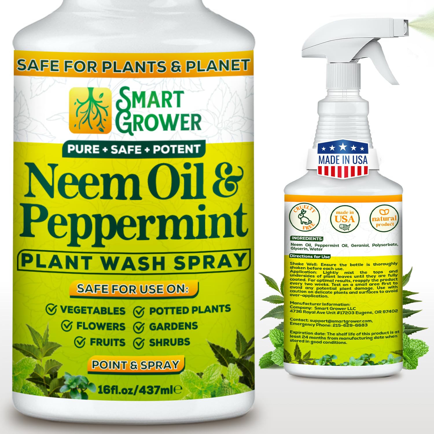 Neem Oil Spray for Plants with Peppermint Oil, Natural Plant Wash Made for Indoor and Outdoor Plants 16oz Easy Ready to Use Spray