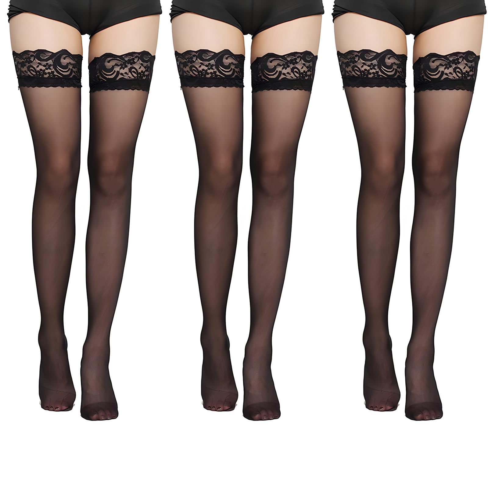 XdealCozyxc 3 Pairs Black Hold Up Stockings, Thigh High Stockings for Women (80cm, 10D)