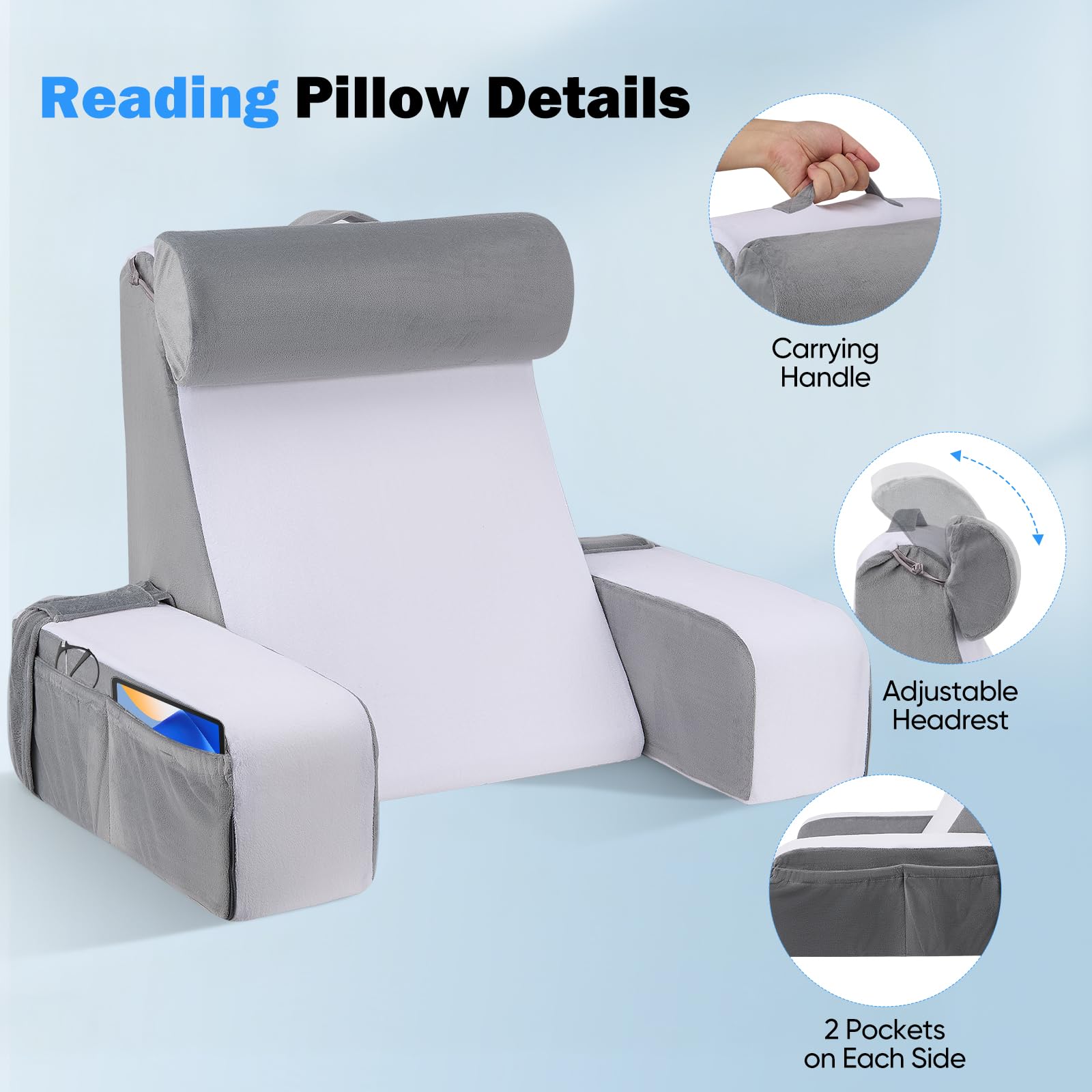 Cuscino da lettura con poggiatesta e braccioli rimovibili, schiuma memory, rivestimento in velluto lavabile, rivestimento rimovibile per leggere, lavorare, guardare la TV, 38x47x57 cm