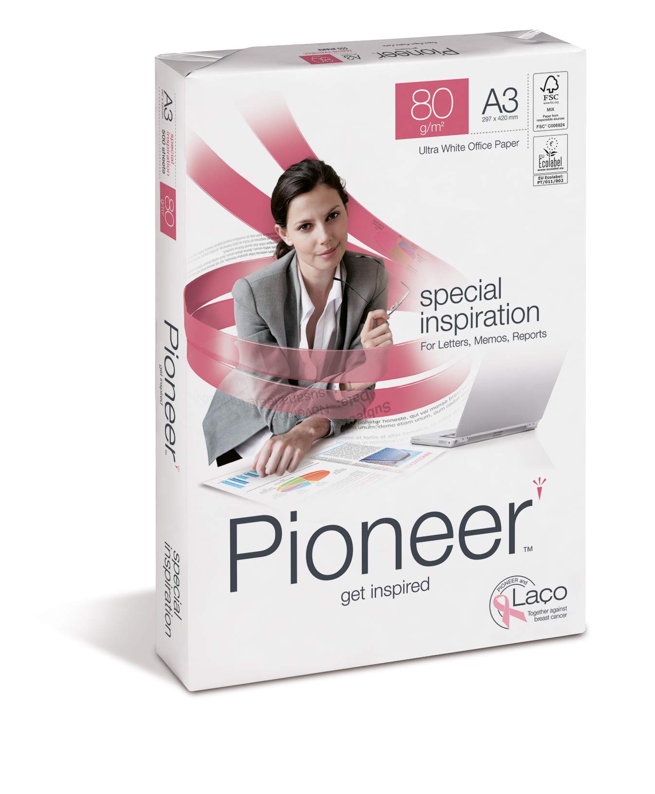 Lot de 5 Ramettes de 500 feuilles A3 80g, papier sans chlore extra blanc Pioneer CIE 172 393236