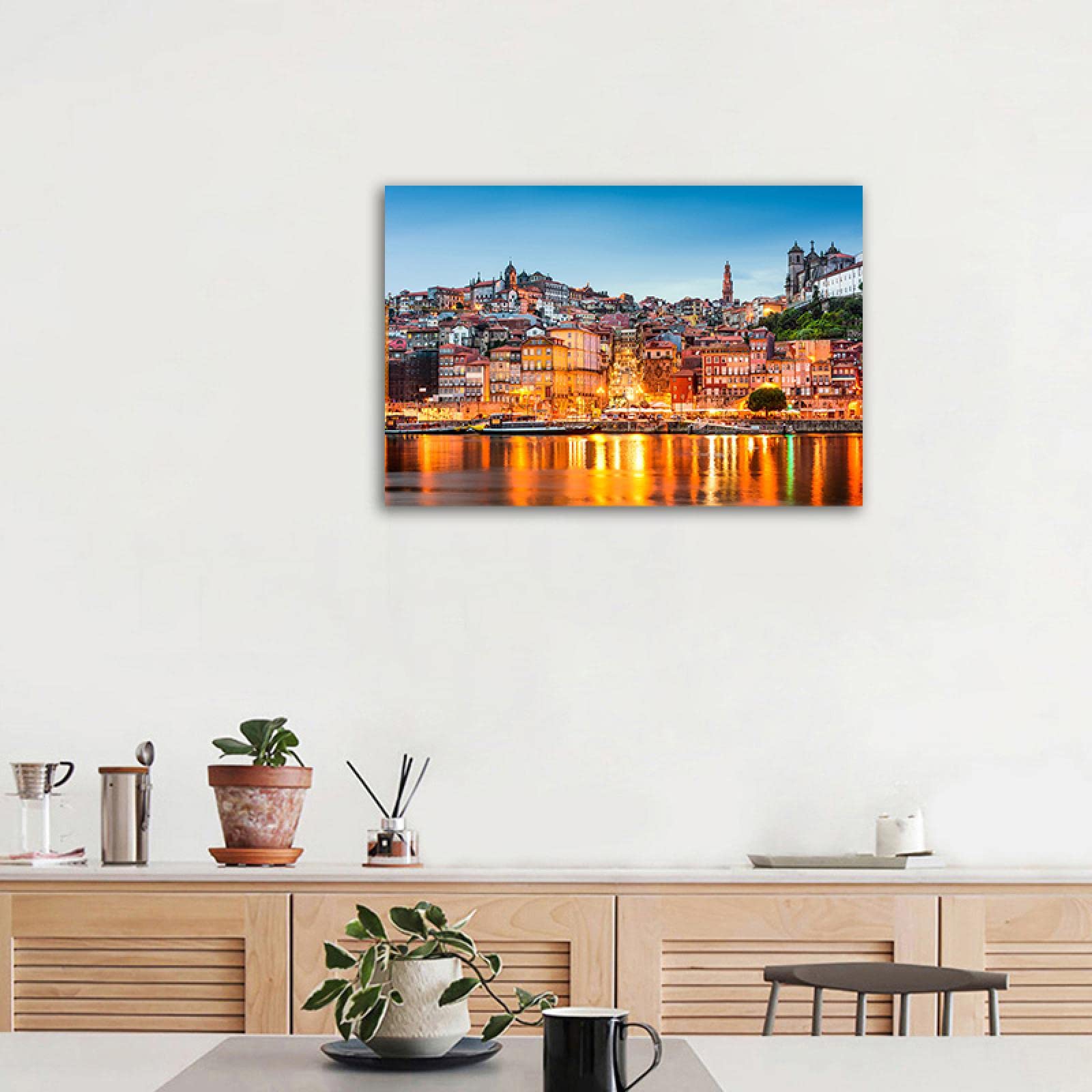 Panorama Gemälde Druck auf Leinwand,Gebäude am Meer Nachtansicht,Stadtbild Leinwanddruck,Moderne Poster und Drucke,Leinwandbild Landschaftsbild für Büro Dekoration 50x75cm(20x30in) Rahmenlos
