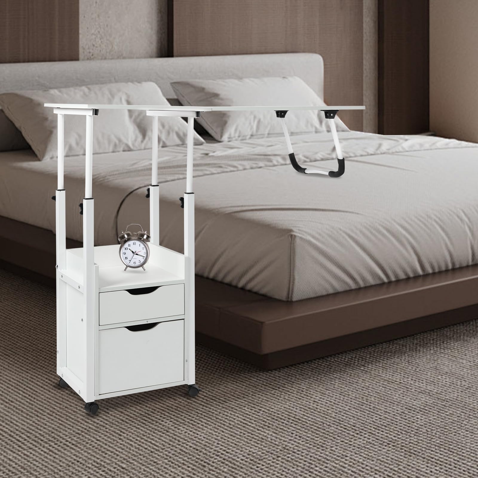 Betttisch mit Rollen und Bremse, Mit Schließfächern und Schubladen, Laptoptisch und klappbar, Beistelltisch für Bett und Sofa, 70-88cm Höhenverstellbar, Gesamtbelastbarkeit 20kg (Weiß)