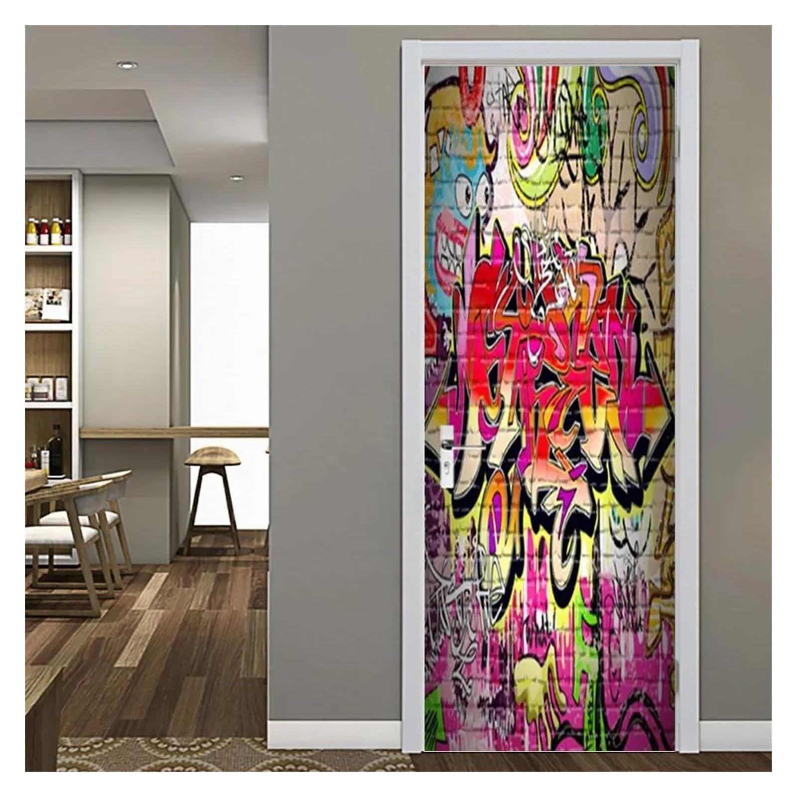 Adesivi per Porte Adesivo Per Porta Di Graffiti A Colori Hip Hop Hippie Art Wallpaper Per I Giovani Porte Murali Della Camera Da Letto Per Ragazzi(UN,77x200cm)