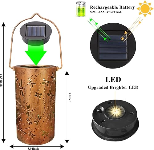 Miniatura 2 de Paquete de 2 faroles solares para exteriores, impermeables, colgantes, faroles solares de jardín retro de color blanco cálido, farol de metal hueco,
