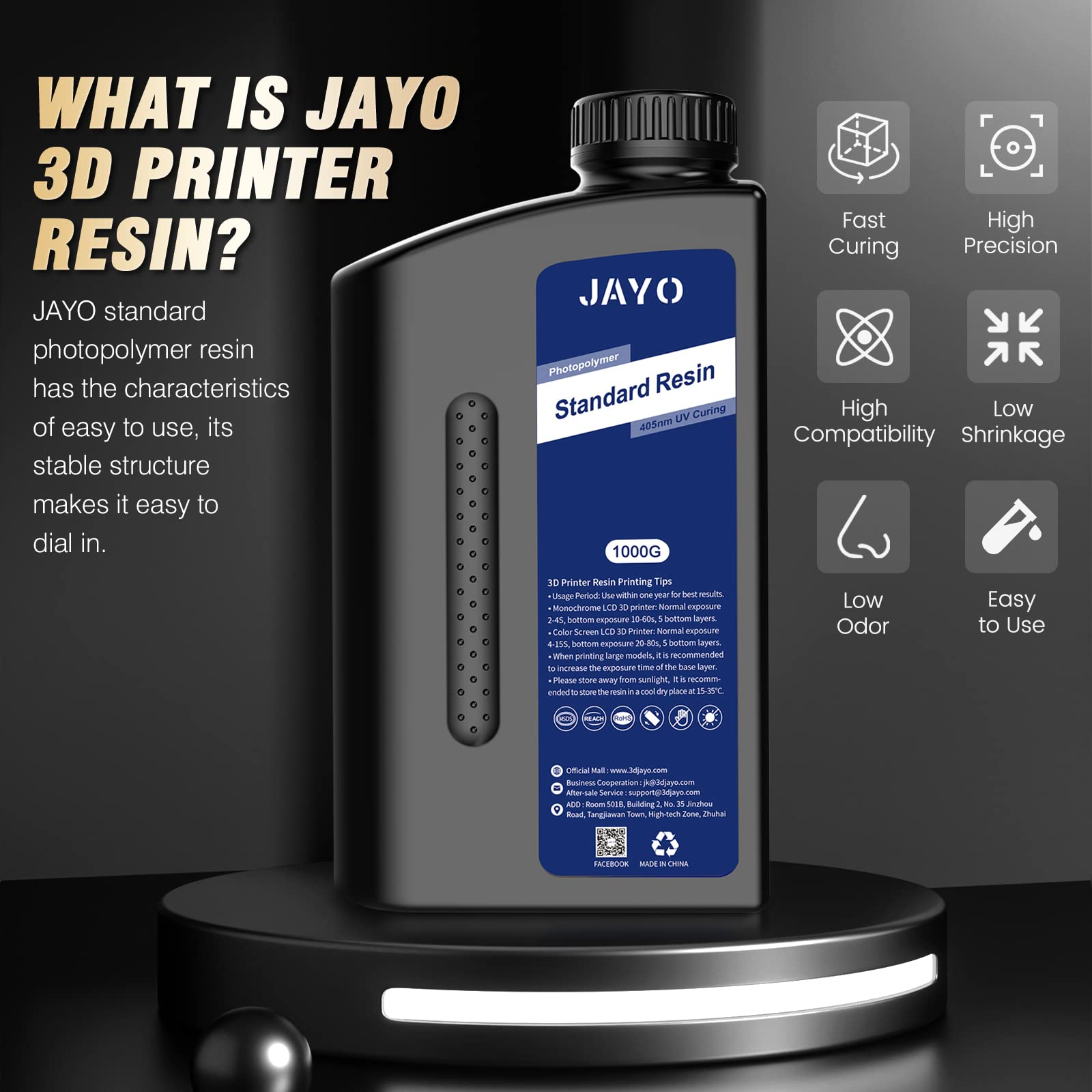 JAYO 3D Drucker Harz 2KG, 405nm UV Standard Fast Curing Photopolymer Resin für 4K/6K/8K LCD DLP SLA 3D Drucker, Hohe Präzision, Geringe Schrumpfung, Dunkelgrau 2000g