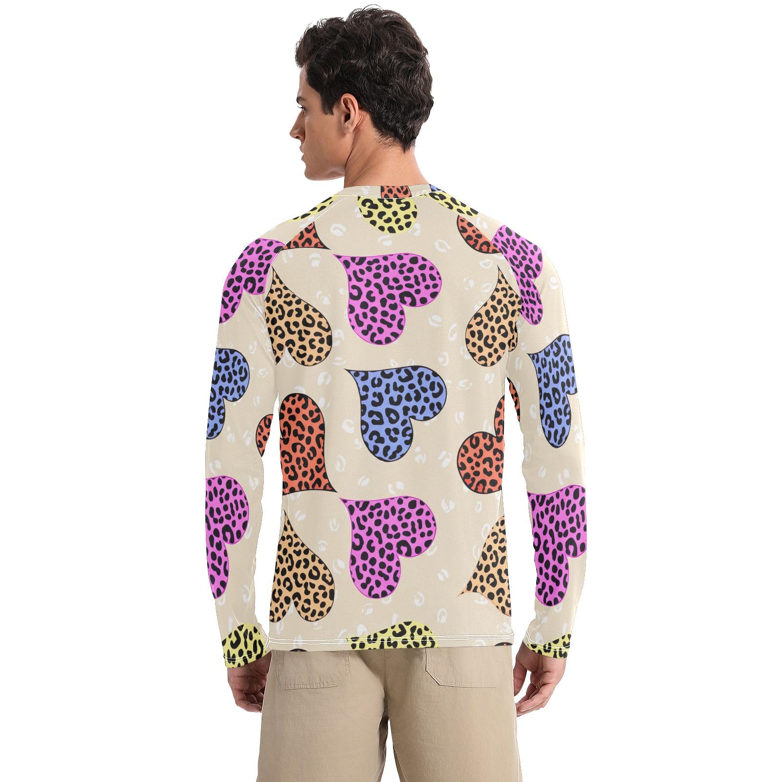 Colorful Leopard Hearts Beige Sun Shirts UPF 50+ UV Protection Quick Dry Mens Rash Guard Long Sleeve Beach T-Shirts, Small