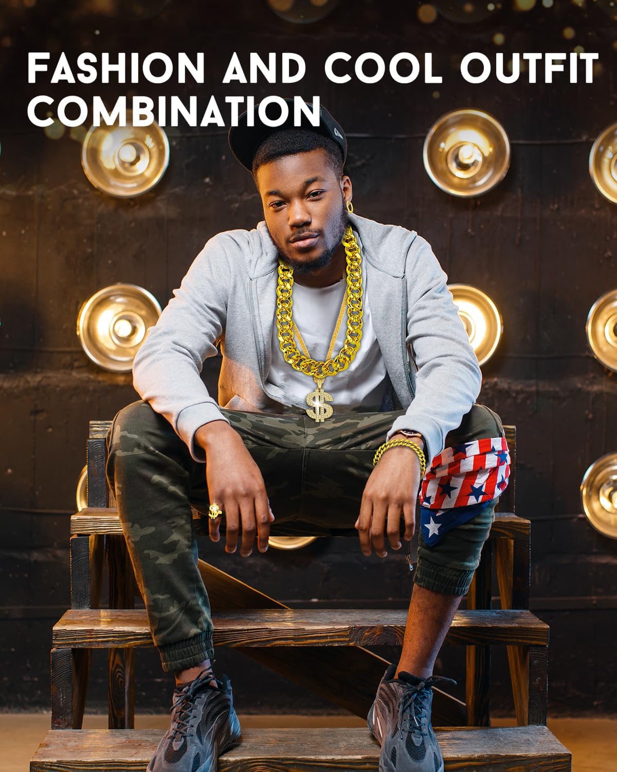 Hoedia 4 PACK 80s 90s Hip Hop Costumes Outfit Kit with Fake Gold Chains, Dollar Sign Chains, Sunglasses, Big Money Finger Ring Rapper Accessories for Men and Women Halloween Party Dress Outfits - Image 7