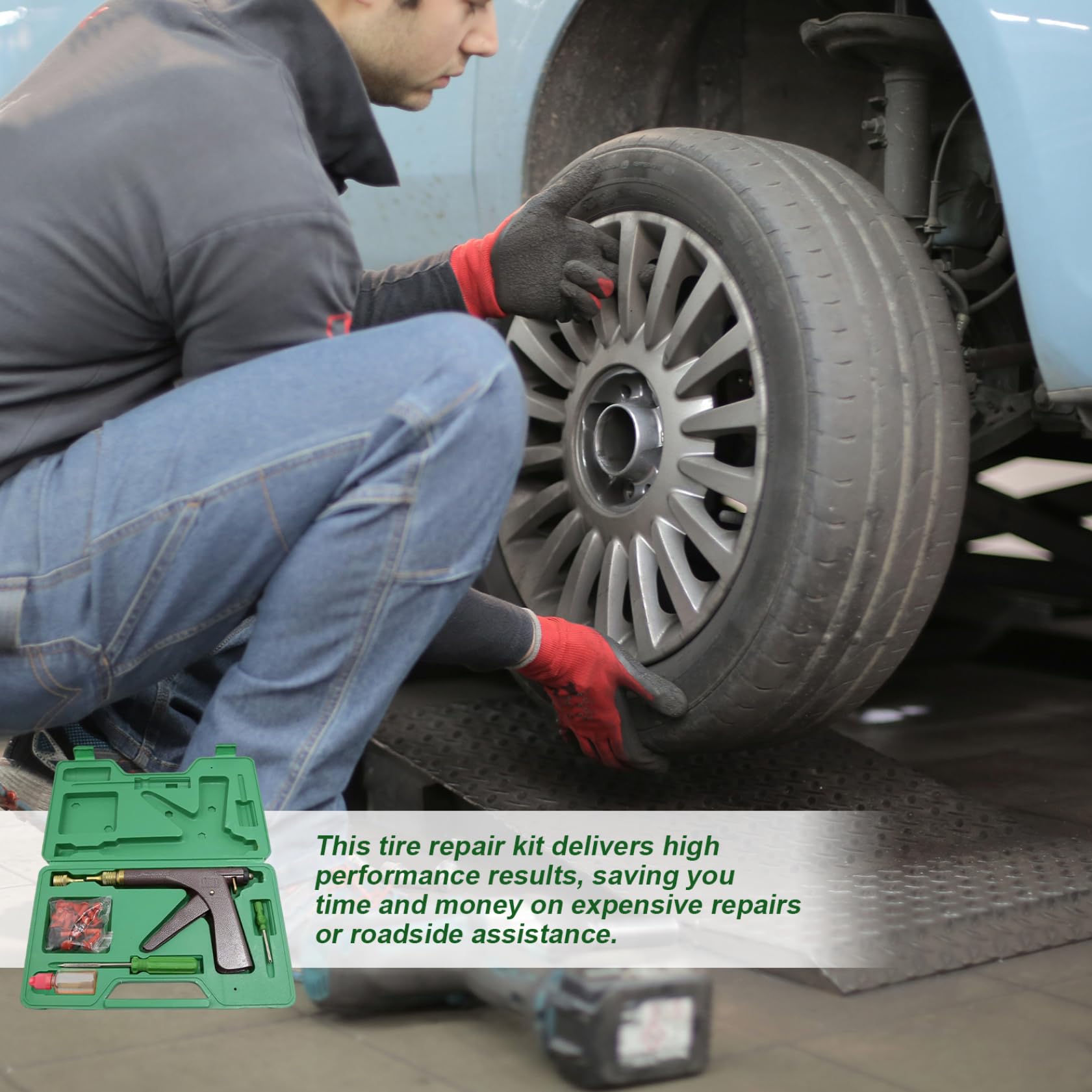 Kit di riparazione pneumatici, kit di riparazione per pneumatici, professionale, robusto, pistola in metallo con accessori per forature e appartamenti su auto, moto, camion, spina