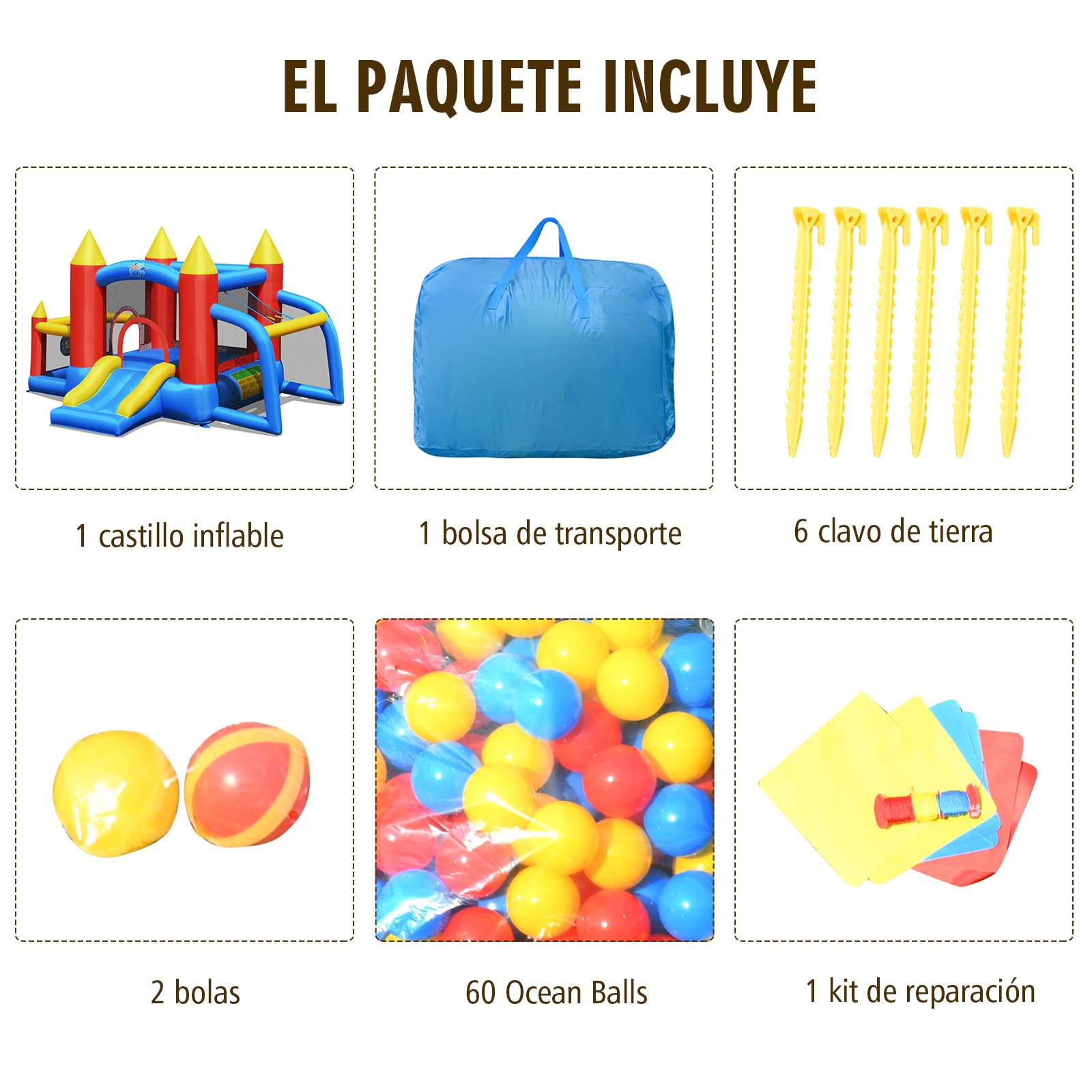 COSTWAY Castillo Hinchable con Tobogán para Niños con Soplador de Centro de Juego con 60 Pelotas Oceánicas,Portería de Fútbol,Bolsa de Transporte para Parque Patio Jardín Exterior