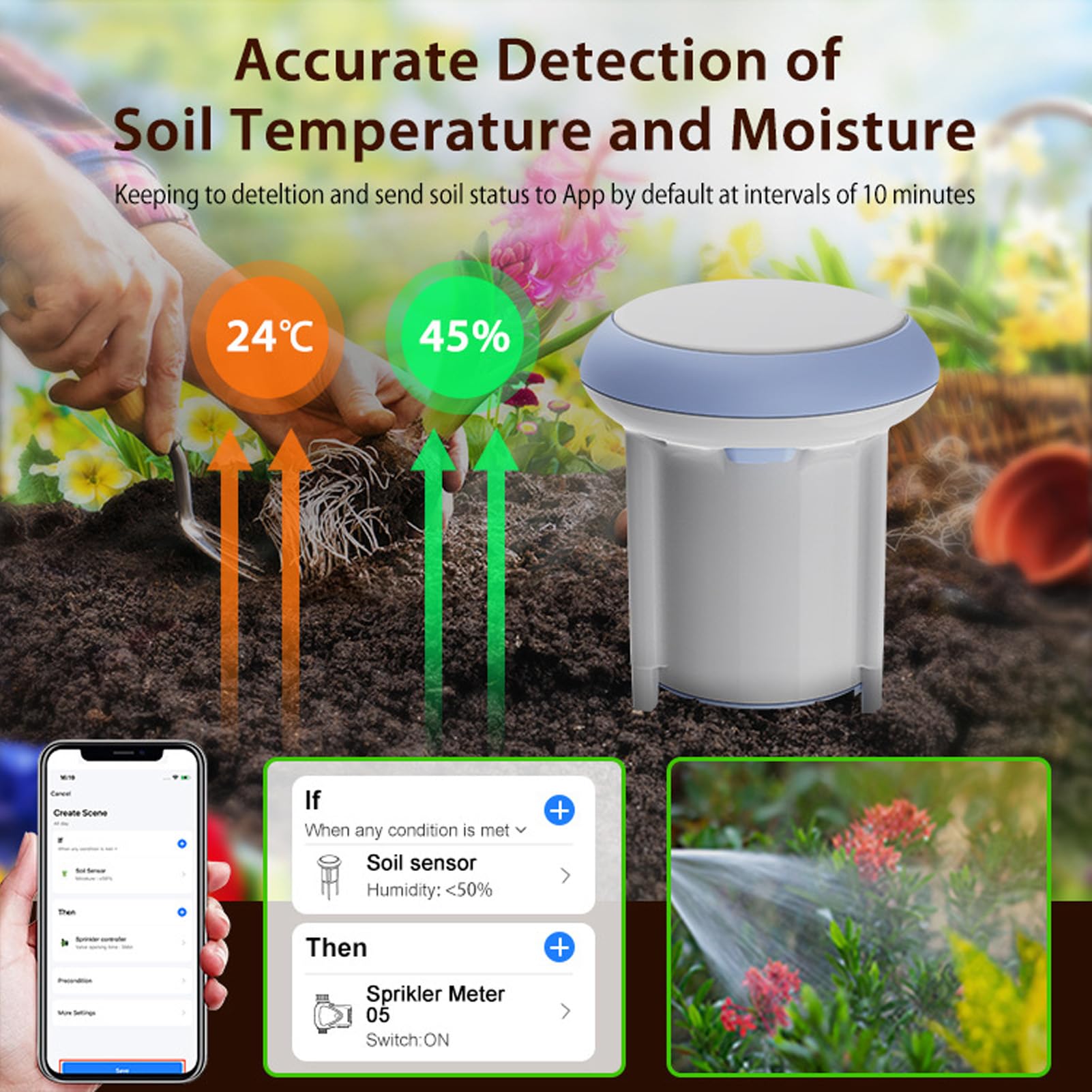 Sensor de Suelo WiFi, Bluetooth Inalámbrico 5.0 IP66 Monitor de Temperatura a Prueba de Agua con Control Remoto de la Aplicación para Plantas en Macetas Cuidado