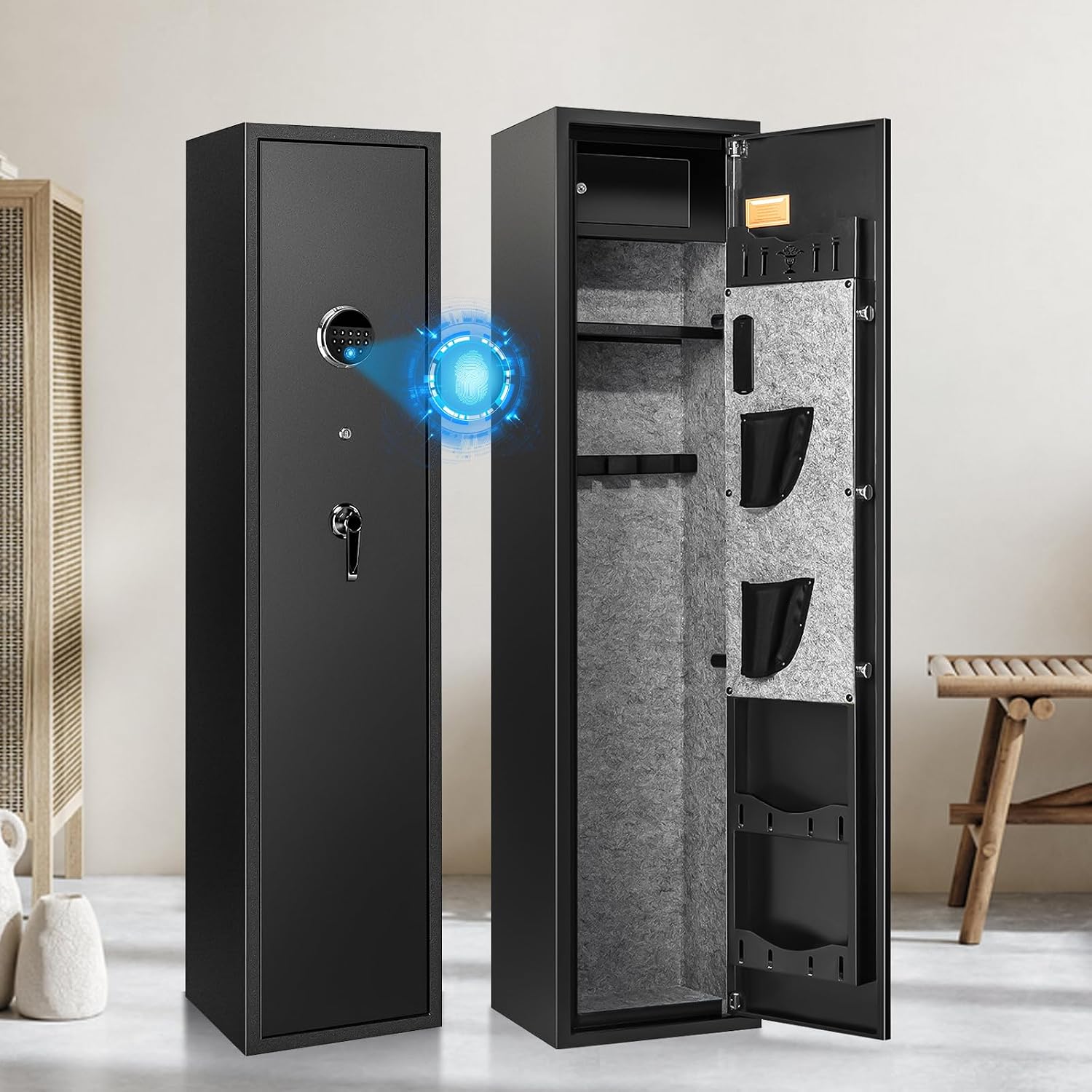 Rifle Safe Biometric Fingerprint Long Gun Safe for Home Rifle and Pistols Thicken 5-7 Gun Cabinet with Lock Keypad Handgun Pouches Ammunition Storage Independent Box Alloy Steel