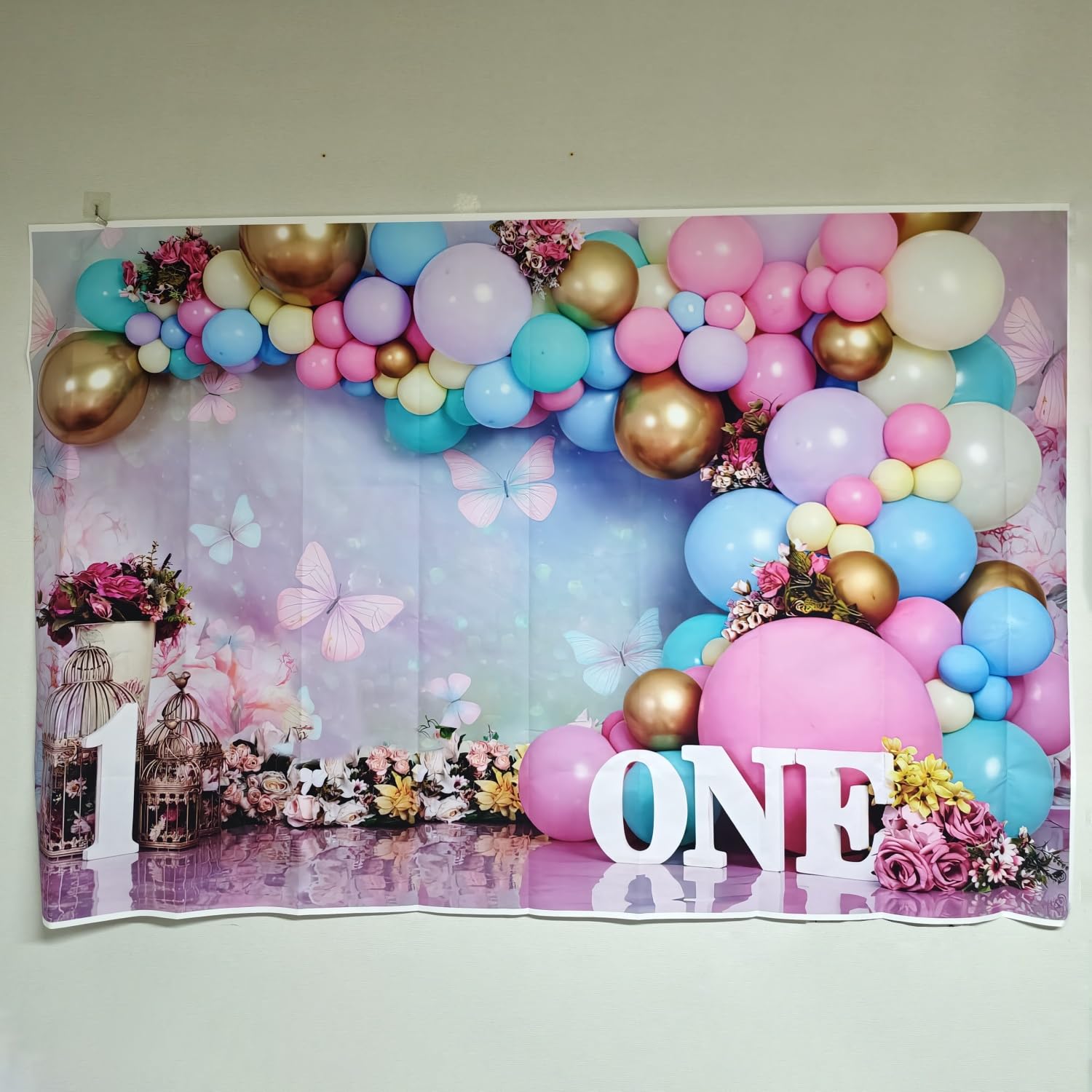 First Birthday Backdrop for Girl Flower Pink Purple Balloon Backdrops Sweet One Year Old Photography Cake Smash Background for Baby Girl Flowers Butterfly Kids 1st Birthday Banner Decorations 7x5ft — view 6