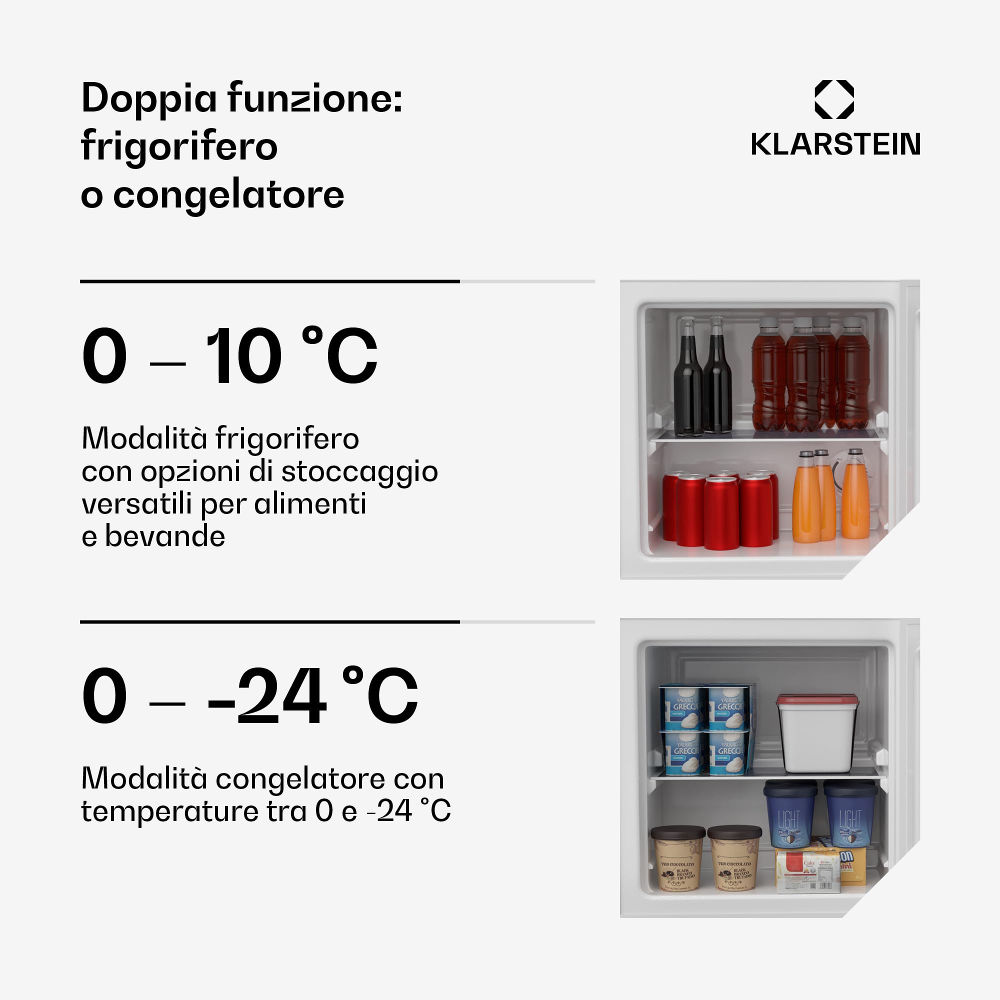 KLARSTEIN Irene - Congelatore Piccolo da 31L, Frigo/Freezer Compatto con Temperatura Regolabile da -24 a 10 °C, Silenzioso: 38 dB, Efficienza Energetica C, Mini Frigo per Spazi Ridotti