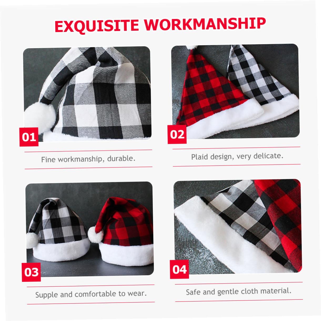 LIFKOME Bonnet de Noël à Carreaux Léger Chapeau Unisexe pour Fête Décoration de Père Noël avec Doublure Rembourrée Chaude Accessoire Costume Polyvalent pour Ambiance Festive