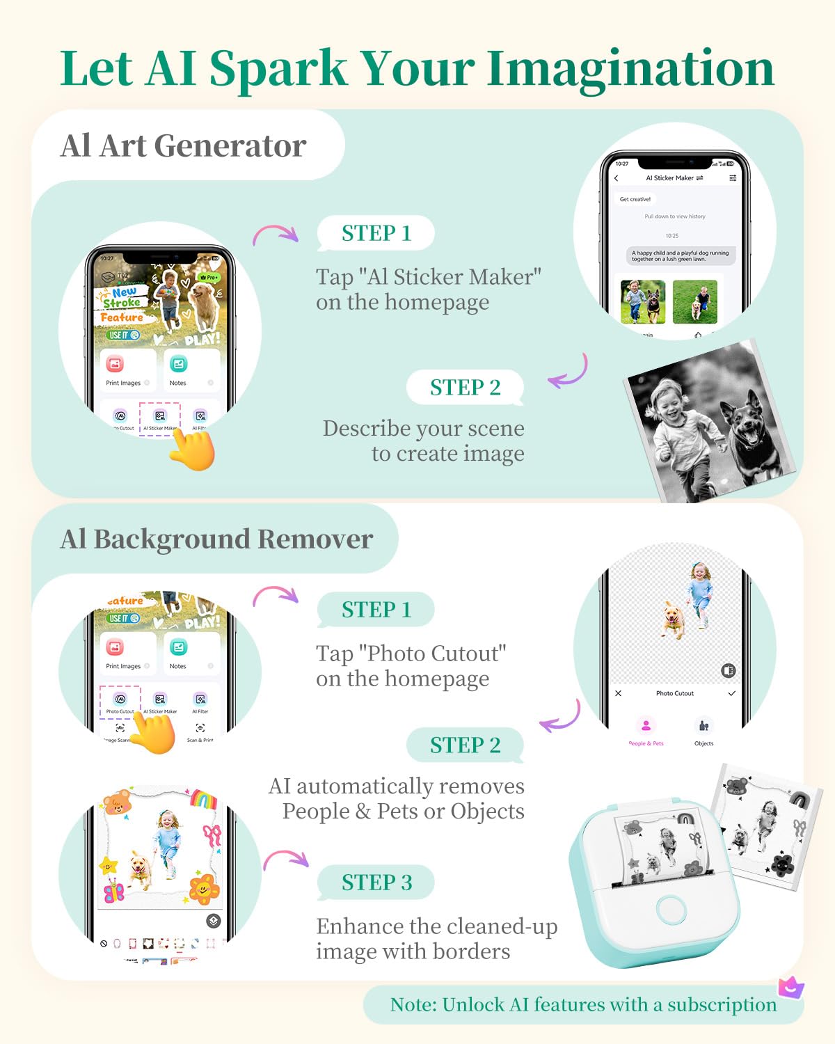 Memoking Sticker Printer - T02 Mini Thermal Printer for Kids, Smart AI APP, Portable Bluetooth Sticker Label Maker Machine, Pocket Phone Printer for iPhone, for Study, Anatomical Diagram, DIY, Photos — view 5