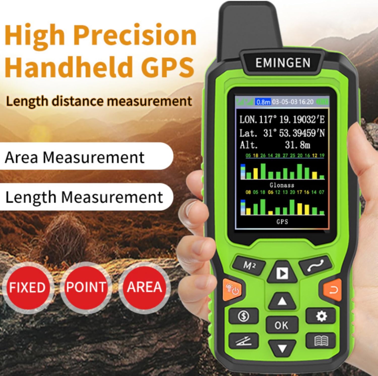 Handheld GPS Land Area Meter Surveying Equipment with Navigation Track for Forest Farmland Fish Pond Lake and Parking Distance Measurement US Plug 100-240V