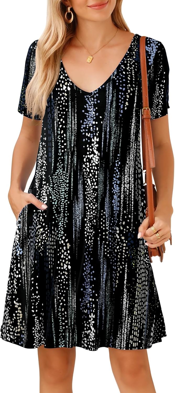 JollieLovin Women T Shirt Plus Size Summer Swing Dresses Short Sleeve V Neck Loose Casual Dress(L-5X)